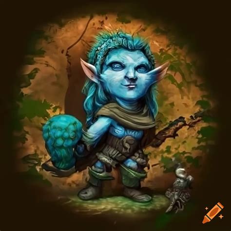 Blue-skinned gnome druid warrior with three-fingered hands in forest ...