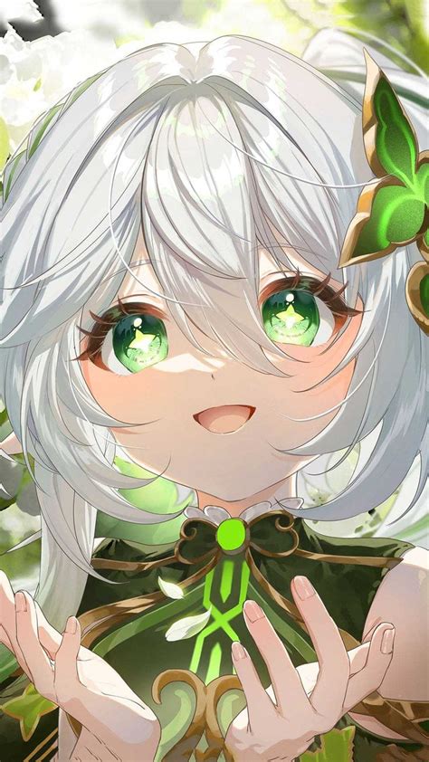 an anime girl with white hair and green eyes holding her hands up in front of her face