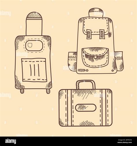Vector hand drawing. Vintage. Pictogram, icon, luggage, backpack with pockets, suitcase, on ...