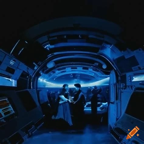 Alien life forms in a 1980's sci-fi movie scene inside a spaceship on ...