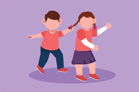 Cartoon flat style drawing of bullying children. Angry little boy pulling girl's hair. She look ...