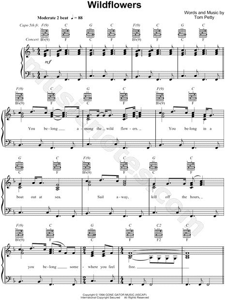 Tom Petty "Wildflowers" Sheet Music in F Major (transposable ...