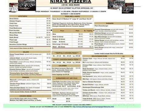 Menu of Nima's Pizzeria in Clifton Springs, NY 14432