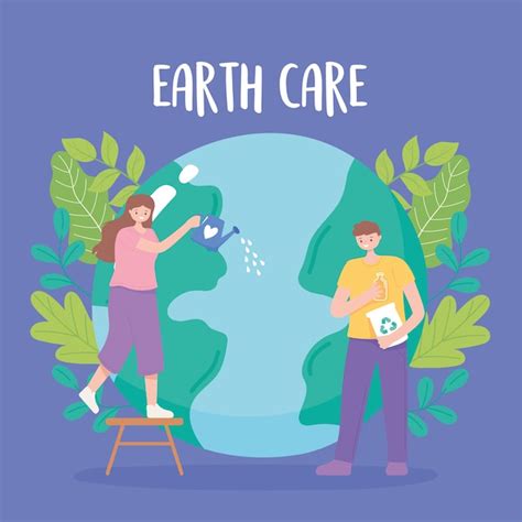 Premium Vector | Save the planet, earth map girl with watering can and boy with recycle products ...