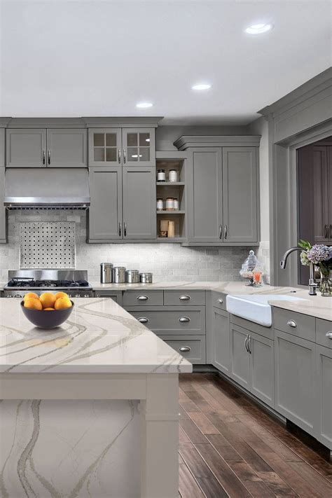 Brittanicca Gold Cambria Quartz Countertop | Gray Cabinets, Dark Floor ...