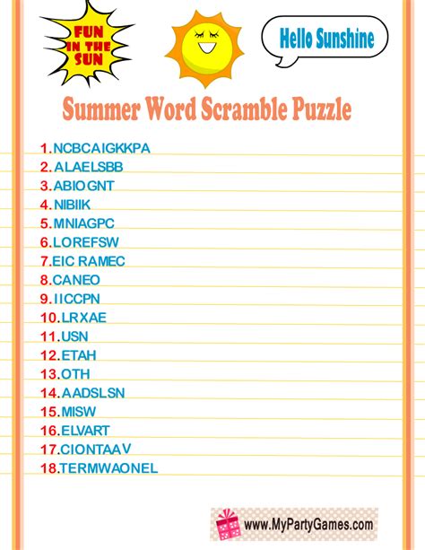 Free Printable Summer Word Scramble Puzzles | Summer words, Scramble words, Words