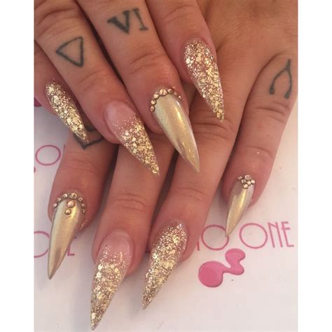 Gold gems chrome chunky glitter stiletto nails tattoo glam sparkle gelish acrylic | Stiletto ...