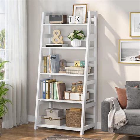 BYBLIGHT 56.5 in. White Wood 5-Shelf Ladder Bookcase Modern Bookshelf ...