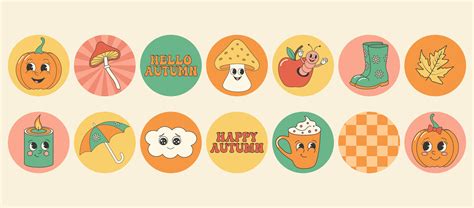 Groovy autumn fall sticker collection with autumn elements. Cartoon ...