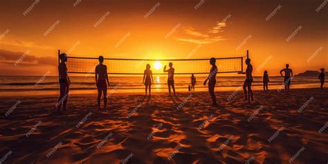 Premium AI Image | Silhouette Group of Firends Playing Volleyball on ...