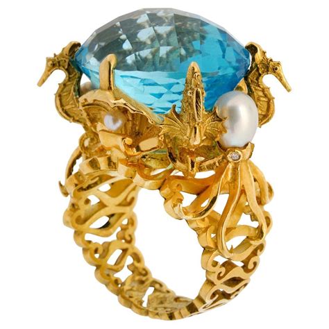 Kraken Ring 18 Karat Yellow Gold with Swiss Blue Topaz, Diamonds and ...