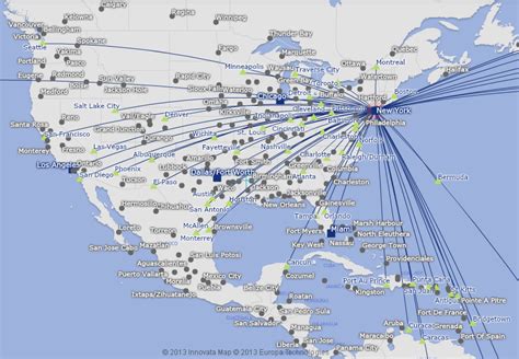 American Airlines route map - North America from New York JFK and LaGuardia