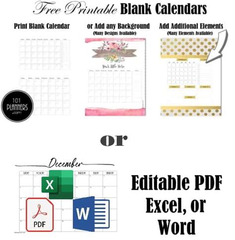 Free Blank Calendar Templates | Word, Excel, PDF for any month
