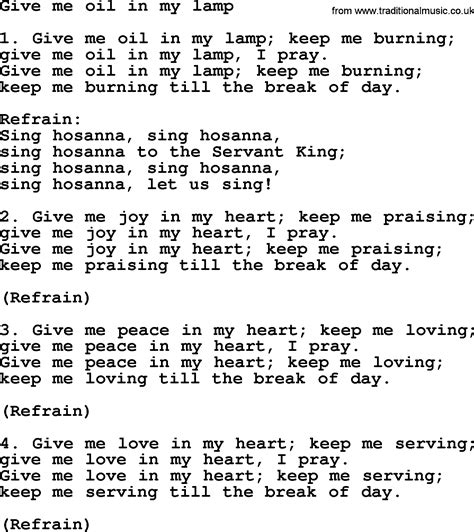 Presbyterian Hymn: Give Me Oil In My Lamp - lyrics, and PDF