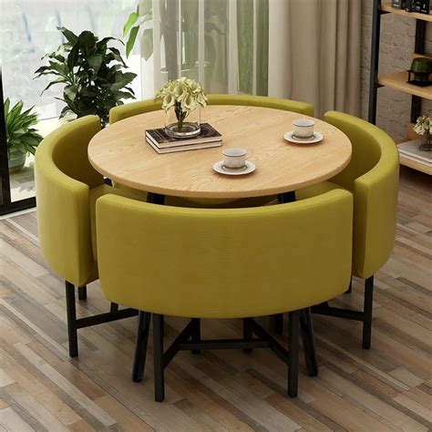 39.4" Round Wooden Small Dining Table Set 4 Upholstered Chairs for ...