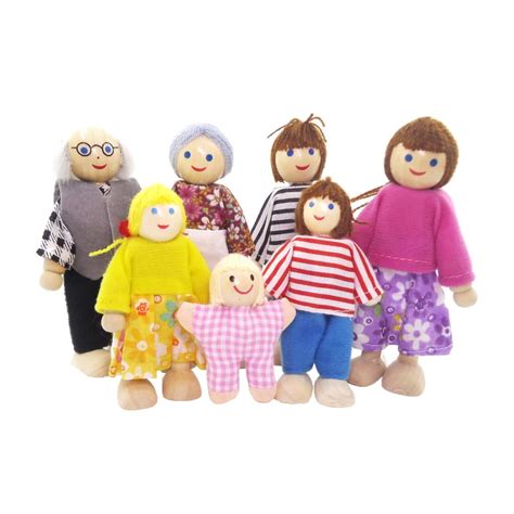 Wooden Dollhouse - 7 Pieces Set with Mom, Dad, Grandparents, Children, Baby: 1:12 Scale Doll ...