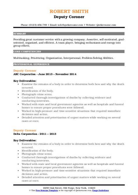 Deputy Coroner Resume Samples | QwikResume