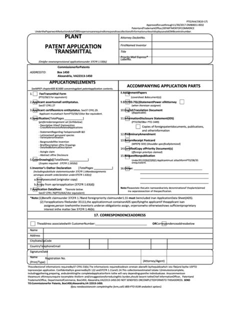 Fillable Form Pto/aia/19 - Plant Patent Application Transmittal printable pdf download