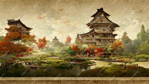 Premium AI Image | A painting of a japanese garden with a japanese landscape in the background.