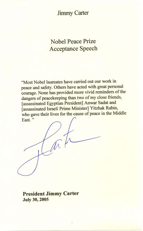 Jimmy Carter Signed Nobel Peace Prize Speech Excerpt: Anwar Sadat and ...