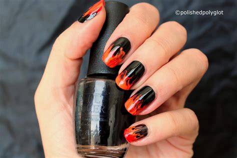 Nail Art │Black, Red and Orange Fire Flames Manicure / Polished Polyglot