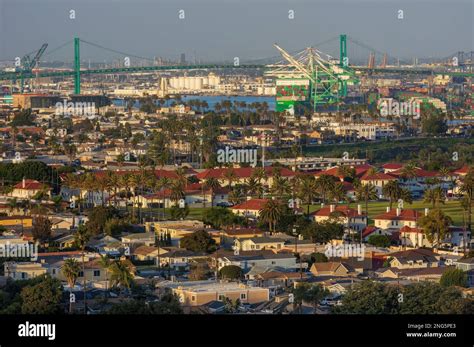 San Pedro and the Port of Los Angeles aerial view, looking north, shown ...