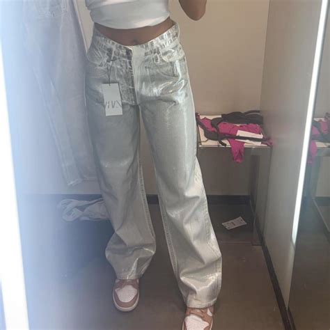 zara silver metallic jeans size 6 brand new without... - Depop