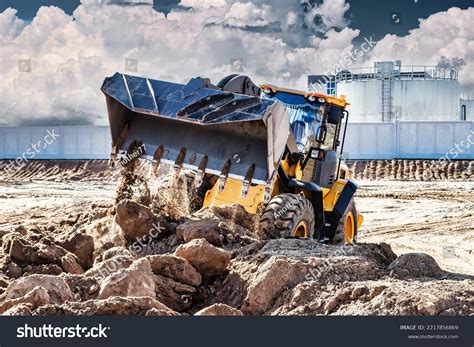 Powerful Bulldozer Loader Moves Earth Construction Stock Photo ...