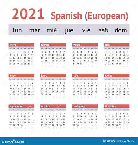 Calendar 2021. European Spanish Calendar. Weeks Start on Monday Stock ...