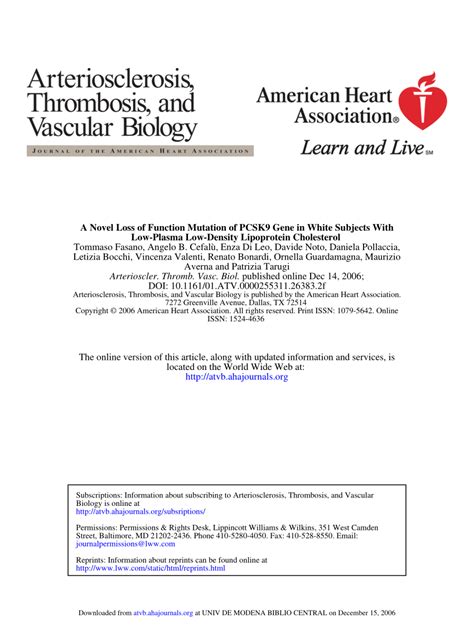 (PDF) A Novel Loss of Function Mutation of PCSK9 Gene in White Subjects With Low-Plasma Low ...