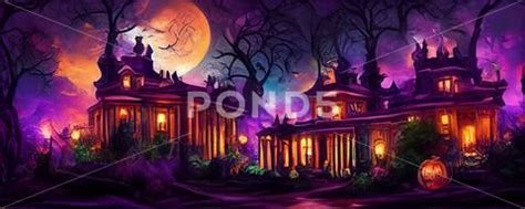 Spooky Halloween Mansion Creepy Night, Haunted Mansion Halloween Holiday: Royalty Free #218344570