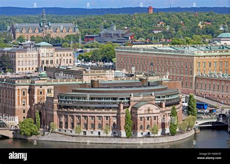 Aerial view of Riksdag (parliament) building and Stockholm palace at ...