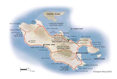 Praslin Island map - showing beaches, roads and beach lodges - Seychelles