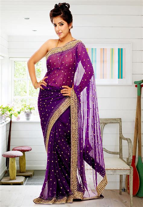 Embroidered Chiffon Saree in Purple : SEH1321