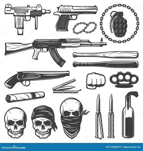 Monochrome Gangster Elements Set Stock Vector - Illustration of death ...