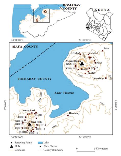 A map of Homa Bay County showing both Homa and Ruri hills (sample ...