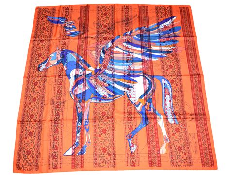 Hermes Shawl Le Pegase d'Hermes 140 cm Silk Orange 56" Scarf Stole – art Japan Export