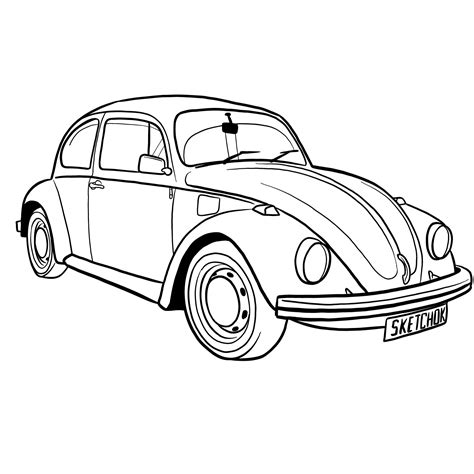 How to draw Volkswagen Beetle 1972 - Sketchok easy drawing guides