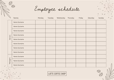 Free Latte Coffee Shop Employee Schedule template