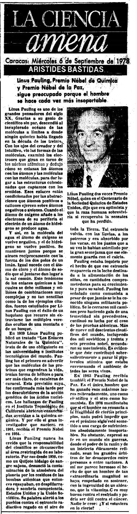 Sobre Linus Pauling, premio Nobel de la Paz y Nobel de Química. La Ciencia Amena, Publicado el 6 ...