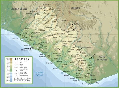 Physical map of Liberia - Draw the physical map of Liberia (Western Africa - Africa)