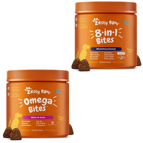 ZESTY PAWS Omega Bites Skin & Coat Support + 8-in-1 Multivitamin Bites Chicken Flavor Dog ...