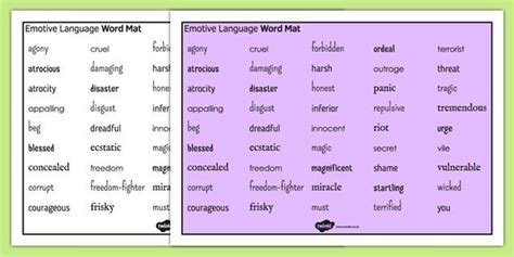 Emotive Language Word Mat | Vocabulary words, Creative writing exercises, Word bank