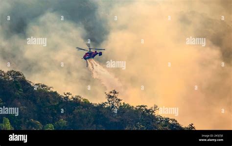 Fire fighting helicopter dropping water onto wildfire Stock Photo - Alamy