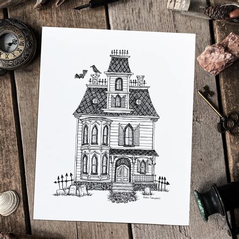 Haunted House Art Print Spooky Pen and Ink House Halloween | Etsy