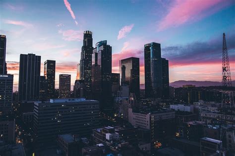 cityscape, Los Angeles, Skyscraper, Silhouette, Mountains, Clouds, Sunset