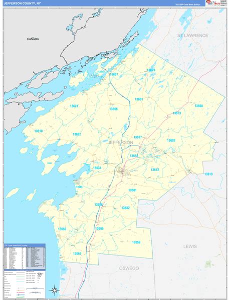 Jefferson County, NY Zip Code Wall Map Basic Style by MarketMAPS - MapSales