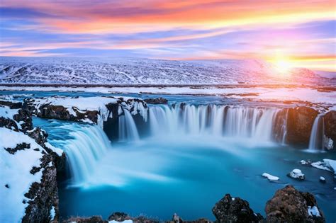 Free Photo | Godafoss waterfall at sunset in winter, iceland.