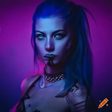Female cyberpunk spacer with blue and dark purple hair on Craiyon