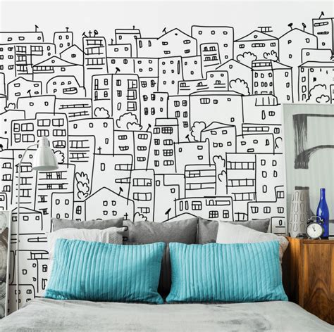 Black and White City Sketch Mural | White wall stickers, Black and white city, Loft wall